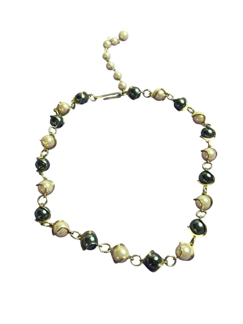 Pink Grey Plastic Faux Pearl Necklace Choker Collar Goldtone Caged Hook Clasp